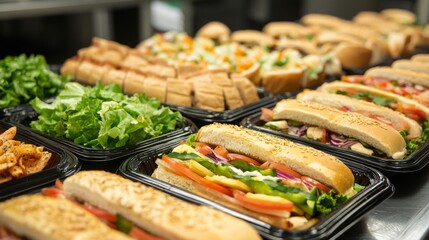 Corporate Lunch Catering : A professional, modern office lunch spread with sandwiches, salads, and finger foods