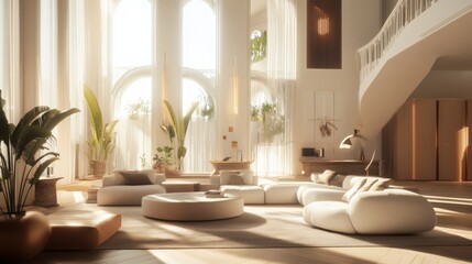 A luxurious living room with high ceilings, a white staircase,