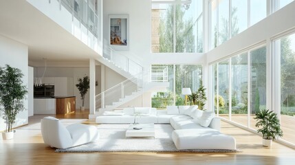 Fototapeta premium A luxurious living room with high ceilings, a white staircase,