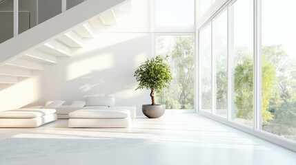 Fototapeta premium A minimalist living room with a white staircase, large windows