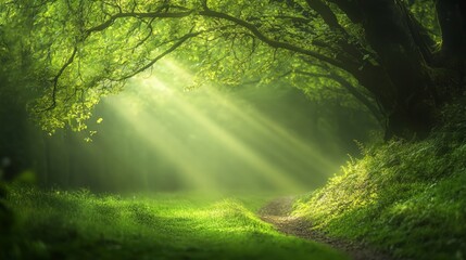 Fototapeta premium Path winding through a green forest with sunlight filtering softly controlled green tones create a natural and inviting atmosphere.
