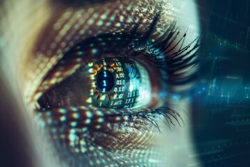 Close up of woman eye in process of scanning. Neural network ai generated art