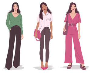 Fototapeta premium Vector flat illustration of fashionable women in colorful outfits. Fashion models, isolated on a white background. 