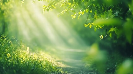 Obraz premium Path winding through a green forest with sunlight filtering softly controlled green tones create a natural and inviting atmosphere.