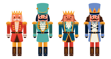 Set of Nutcrackers, vintage Christmas toy. Christmas wooden doll of cute soldier with mustache in crown in retro style. Festive soldier statue. Flat vector illustration on white background