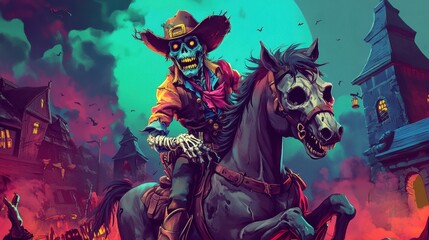 A vibrant cartoon illustration of a zombie cowboy on a skeleton horse, complete with a tattered hat and a big grin, bringing playful spookiness to Halloween.