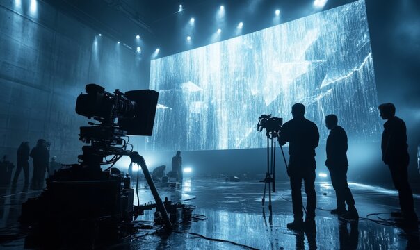 Film set crew team lightman and cameraman working together with director in big studio, video production behind the scenes making of TV commercial movie. Modern movie set