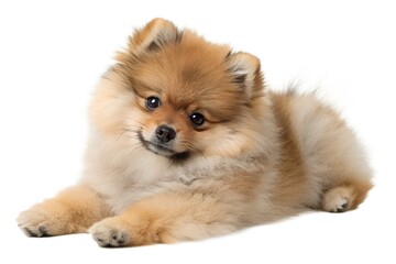 Obraz premium Fluffy Pomeranian Puppy Lying Down on a White Background