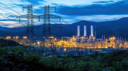 A panoramic view of a power plant at dusk, with the facility illuminated by lights
