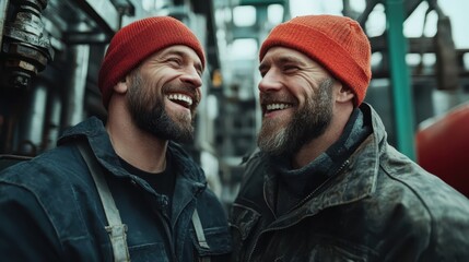 Fototapeta premium Two bearded men wearing bright red beanies share a hearty laugh at an industrial workplace, evoking camaraderie and joy, emphasizing teamwork and friendship.
