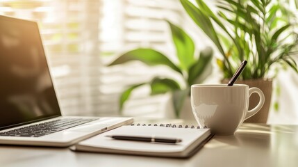 A professional desk setup with a laptop, coffee cup,