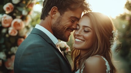 Obraz premium A couple smiles joyfully at each other while standing amidst a backdrop of beautiful floral arrangements, capturing a tender and loving moment on a sunny day.