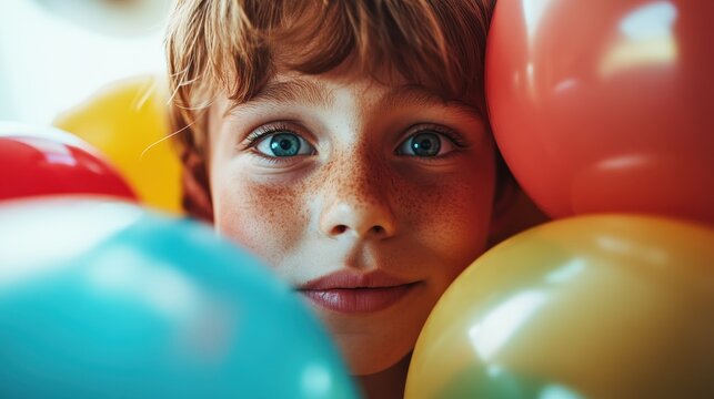 A freckled child gazes intently while encircled by colorful balloons, capturing a moment of introspection and wonder amidst a vibrant and lively setting.