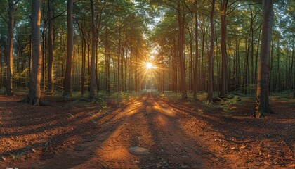 Fototapeta premium Sunbeams illuminating a path through a dense forest