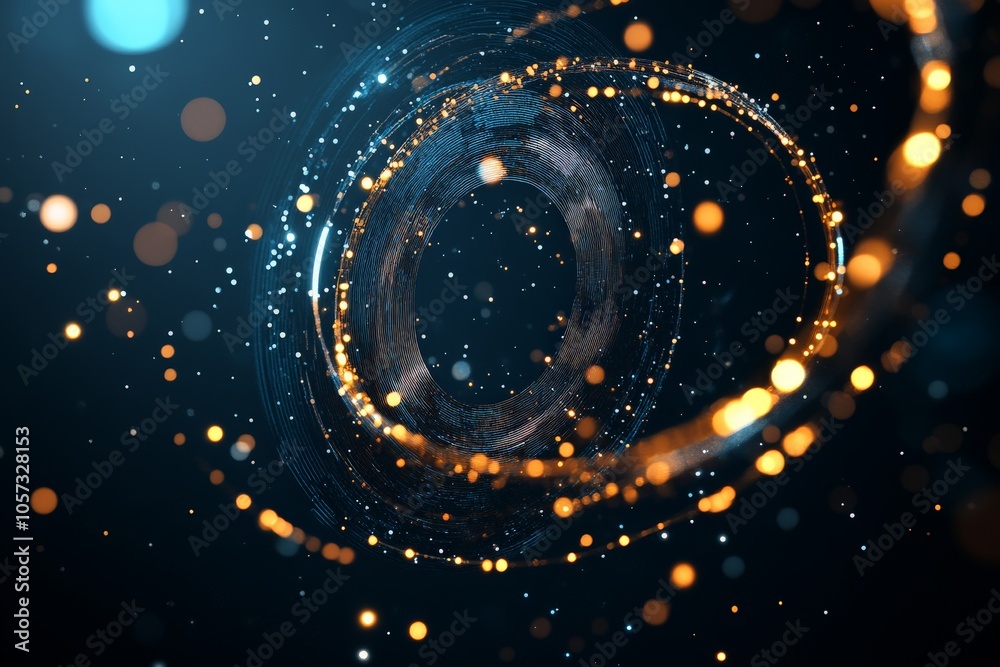 Poster This image displays an abstract design of concentric rings adorned with glowing particles, creating a dynamic and mesmerizing depth effect in digital art.