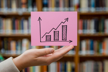 Hand presents card with upward trend graph against blurred books