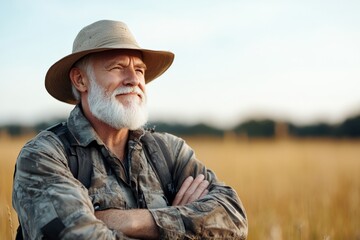 Fototapeta premium A happy, gray-bearded gentleman in a hat and camouflage attire, standing in an expansive field, embracing the spirit of adventure and exploration through a solitary gaze.
