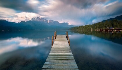 Fototapeta premium Un pequeño embarcadero de madera, en medio de un lago de aguas tranquilas 