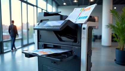 Office multifunction printer, copier with printed documents in a modern workspace environment