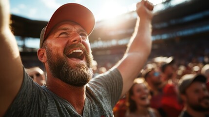 A bearded man energetically cheers with arms raised in a public event, surrounded by a lively crowd that shares his enthusiasm and excitement.