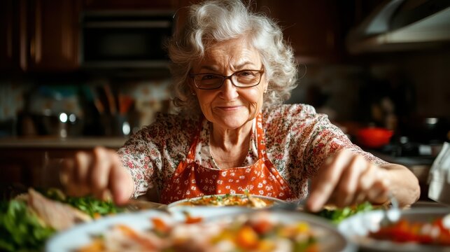 An elderly woman with glasses and an apron presents a plate of nutritious food with a proud smile in a homey kitchen setting, representing warmth and care.