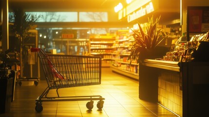 A shopping cart parked beside a checkout counter,