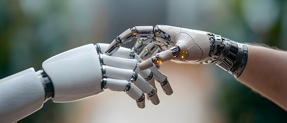 Robot and human hands interacting over a global data network visualizing the convergence of intelligence machine learning and futuristic digital technology that symbolizes innovation progress