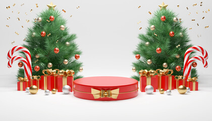 Red Podium Product And Christmas Decoration. Product Presentation Scene On White Background, 3D Rendering