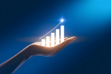 Hand presents holographic bar graph, symbolizing growth