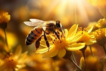 Fototapeta premium Bees pollinate yellow flower, honey bee working in the meadow collecting pollen from flowers. May 20, World bee day
