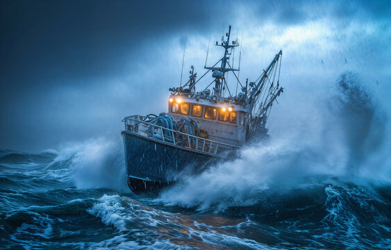 Fototapeta A fishing boat is sailing in rough, dark blue waters with a dramatic sky. The boat is surrounded by large waves as it navigates the choppy sea.