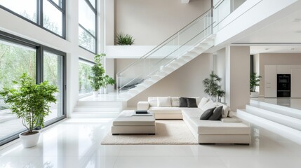 A spacious modern living room with a white staircase,