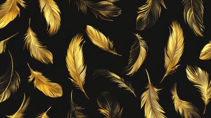 Elegant seamless feather pattern featuring hand-drawn bird quills and golden plumage on a black textile background, showcasing sophisticated animal wing elements for luxurious decoration