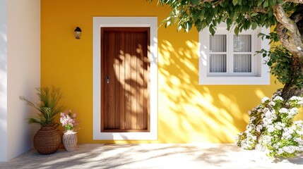 A wood door drenched in sunlight is set against a bright yellow wall, with surrounding greenery casting artistic shadows, offering a sense of warmth and welcome.