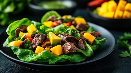 Delectable lettuce wraps filled with diced mango and beef, accompanied by fresh vegetables, served on a black plate for a colorful, nutritious meal option.