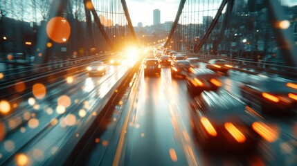 A city bridge is filled with blurred traffic motion as lights twinkle on a dynamic backdrop, capturing the lively energy and constant movement of urban life.