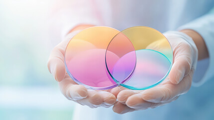 A person wearing gloves holds two iridescent, overlapping petri dishes, reflecting pastel colors in...