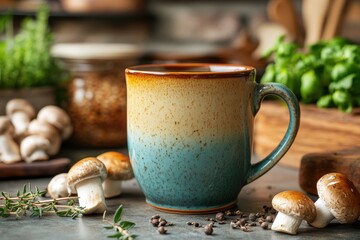 mushroom tea aesthetics, a colorful mug of mushroom tea sits on a sunny kitchen counter with fresh mushrooms and herbs for company, creating a vibrant scene
