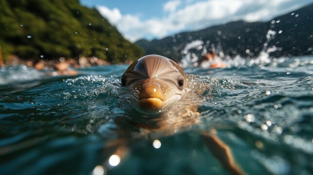 A dolphin playfully swims toward the viewer in the ocean, surrounded by people, embodying the joyful and playful connection between humans and marine life in nature.