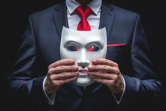 Man in suit holding white mask, creating an air of mystery