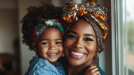 A joyful mother and her young daughter with vibrant headwraps share a close, loving embrace by a window, basking in warm natural light and happiness.