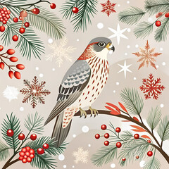 Obraz premium Winter pattern, watercolor illustration with Christmas decoration, festive New Year elements. Seasonal celebration template for background, card, cover, wrapper, design in winter holiday style.