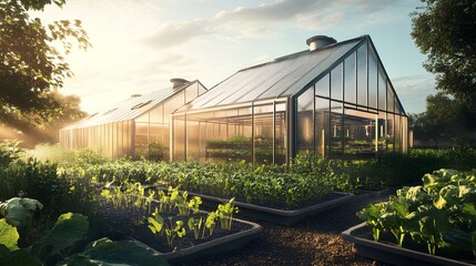 A modern greenhouse bathed in sunlight, surrounded by lush vegetable beds, showcasing sustainable agriculture and natural beauty.