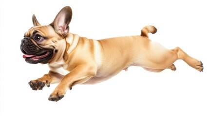 Fototapeta premium Adorable French Bulldog mid-jump, showcasing its playful spirit and joyful expression against a clean white backdrop, perfect for capturing the charm of this breed.