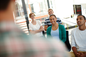 Audience, meeting and business people listening to speaker for creative career advice and guidance. Mentor, presentation and training group in office for learning, growth talk and diversity in team