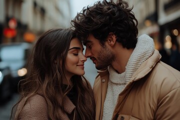 Naklejka premium A couple in warm clothing shares an affectionate moment on a city street, exuding connection and happiness, with the urban environment adding a modern backdrop.