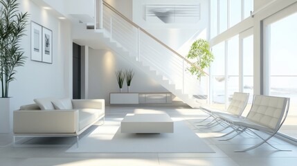 Fototapeta premium A stylish modern living room with a white staircase,