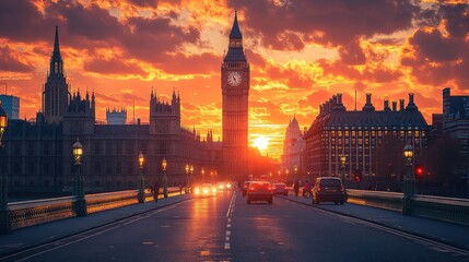 Fototapeta premium Sunset view of Big Ben and the Houses of Parliament in London.