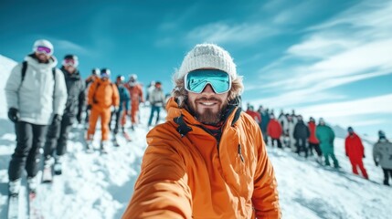 A group of skiers in vibrant gear stands on a snowy mountainside, ready for an adventurous day on the slopes under a bright blue sky.