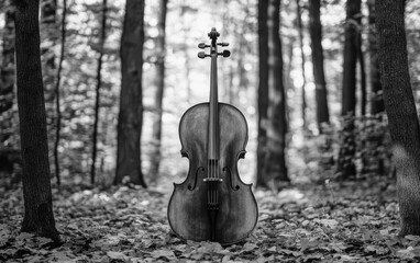 Cello in Forest with Trees and Soft Natural Light Black and White Image

